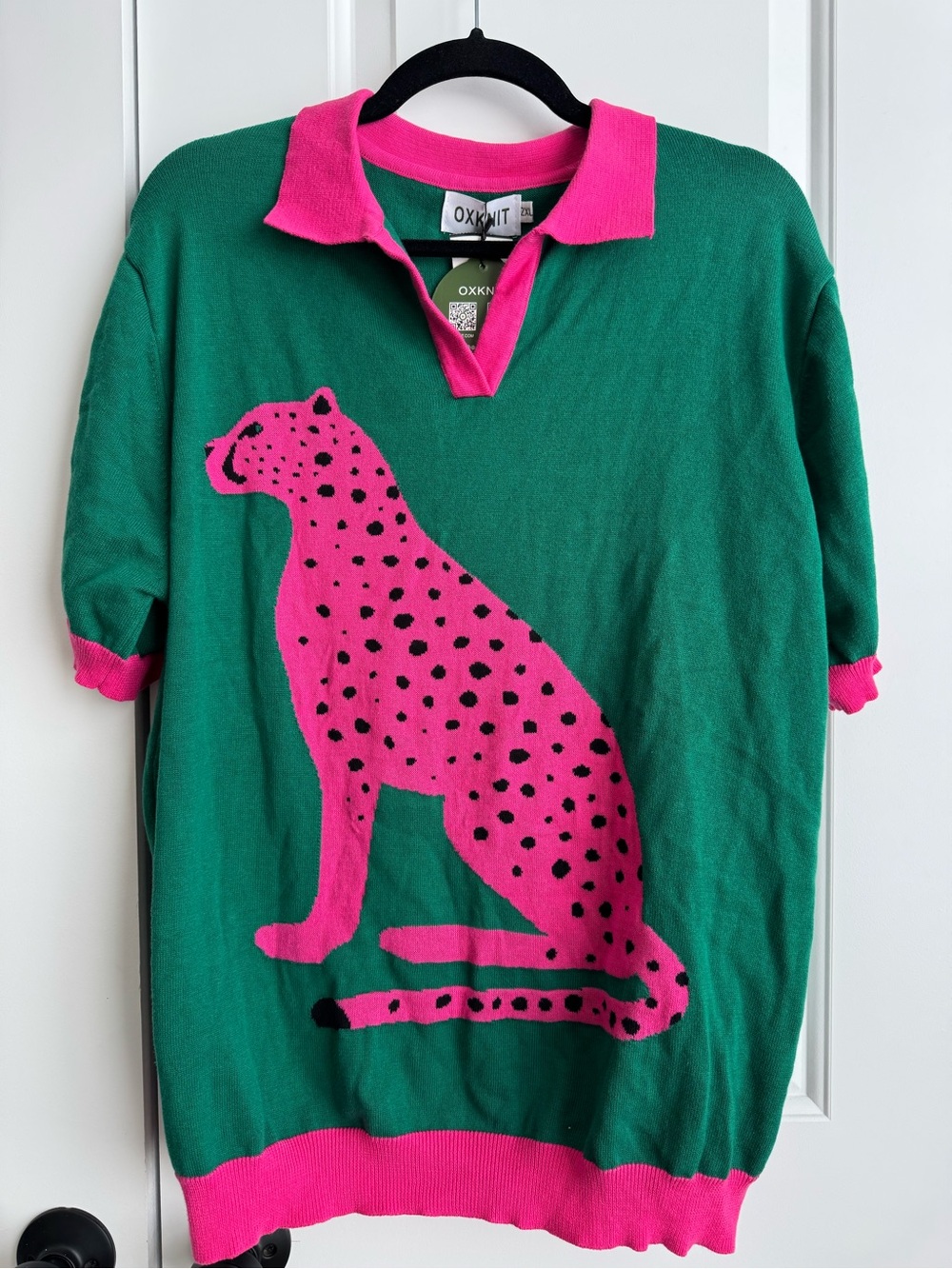 OXKNIT NWT Pink Cheetah Leopard Green Knit Polo Shirt 2XL Retro Dopamine